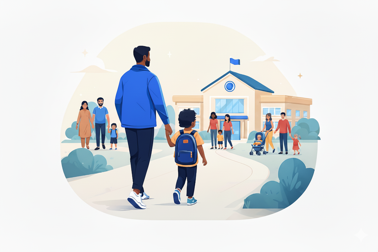 Families arriving at school